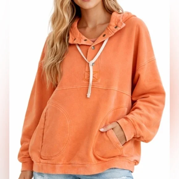Zenana Outfitters Mineral Washed Orange Hooded Pullover "NEW" - Picture 2 of 9